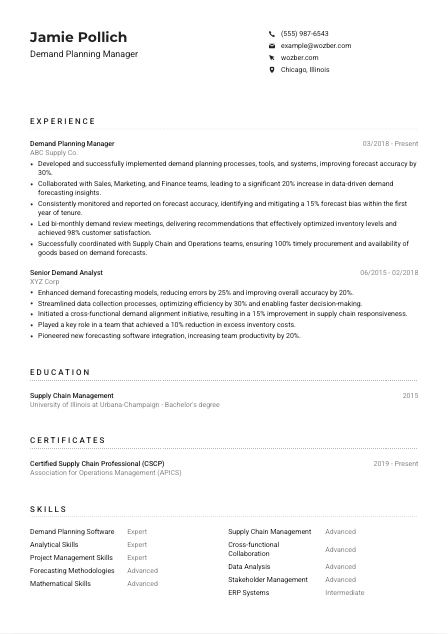 Demand Planning Manager Resume Example
