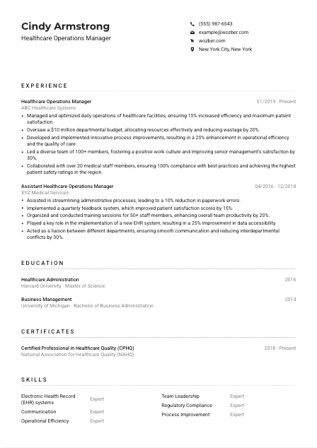 Healthcare Operations Manager CV Example
