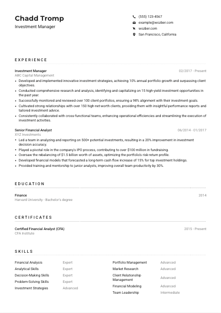 Investment Manager CV Example