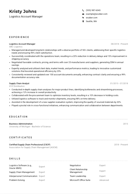 Logistics Account Manager Resume Example