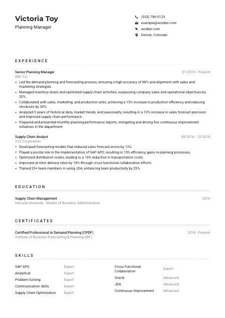 Planning Manager CV Example