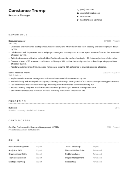 Resource Manager Resume Example