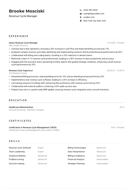 Revenue Cycle Manager CV Example