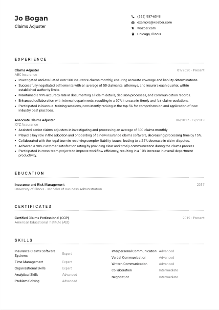 Claims Adjuster CV Example