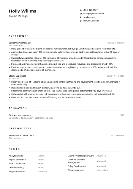 Claims Manager CV Example