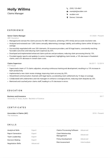 Claims Manager Resume Example