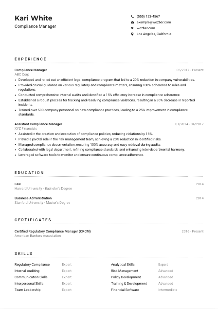 Compliance Manager CV Example