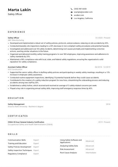 Safety Officer CV Example