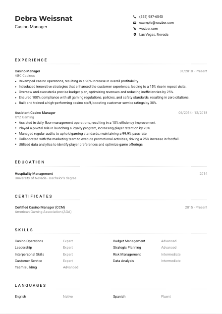 Casino Manager Resume Example