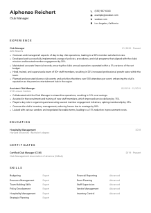 Club Manager Resume Example