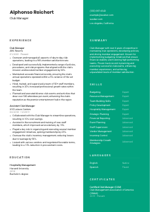 Club Manager Resume Template #2