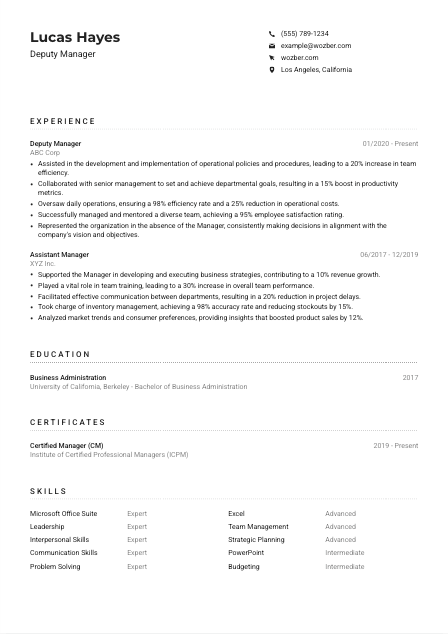 Deputy Manager CV Example