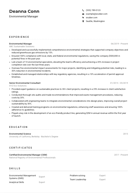 Environmental Manager Resume Example