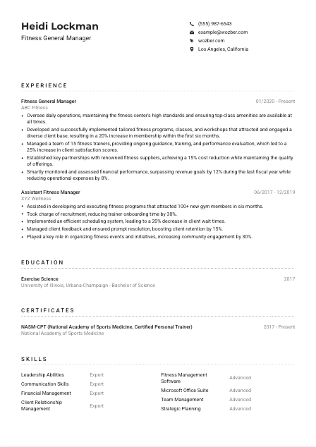 Fitness General Manager CV Example