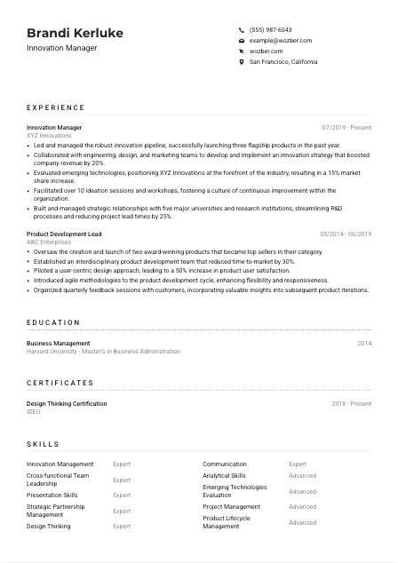 Innovation Manager Resume Example