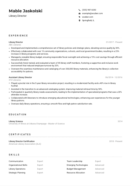 Library Director Resume Example