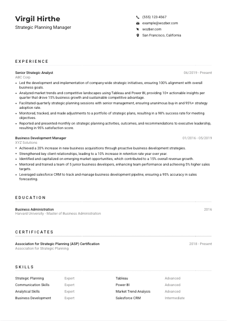 Strategic Planning Manager CV Example