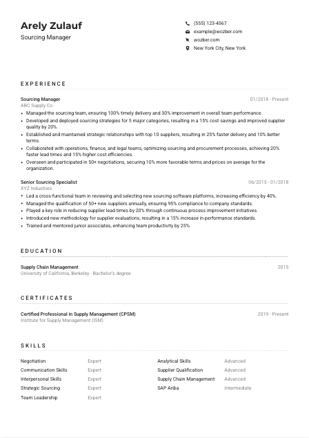 Sourcing Manager CV Example