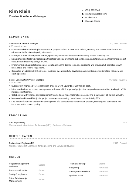 Construction General Manager Resume Example