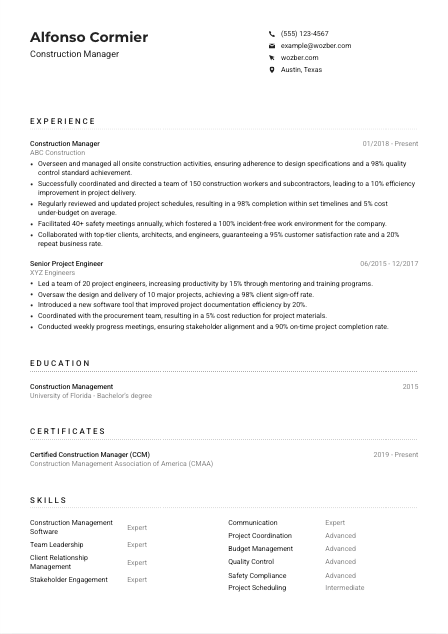 Construction Manager Resume Example