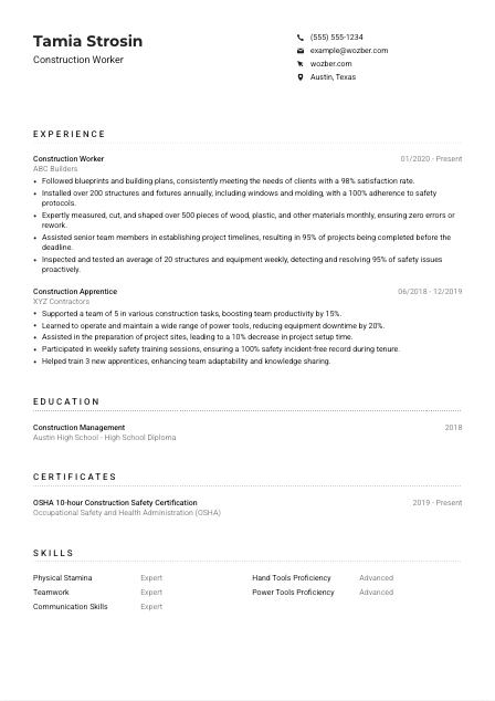 Construction Worker Resume Example