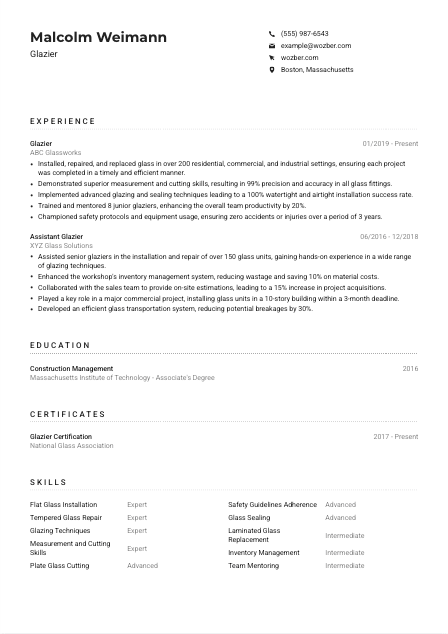 Glazier Resume Example