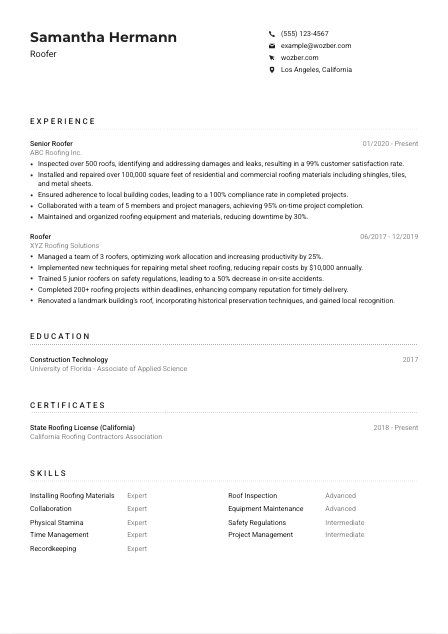 Roofer CV Example