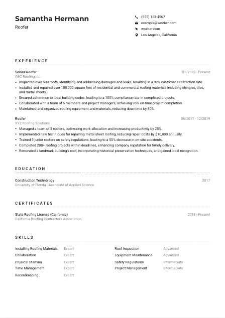 Roofer Resume Example