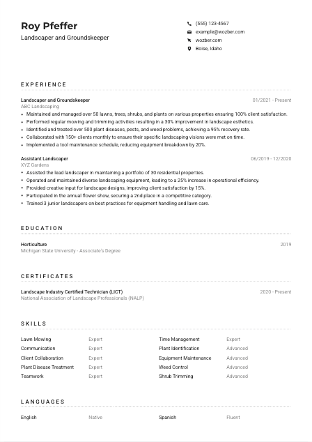 Landscaper and Groundskeeper Resume Example