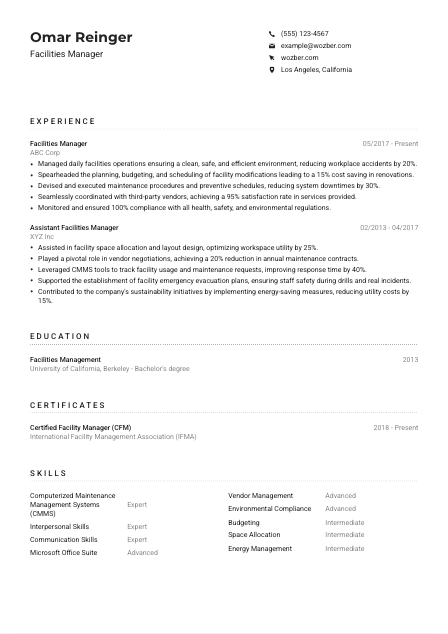 Facilities Manager Resume Example