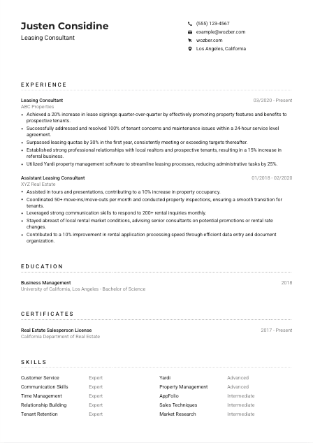 Leasing Consultant Resume Example