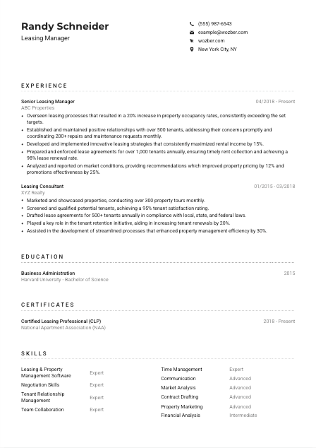Leasing Manager Resume Example