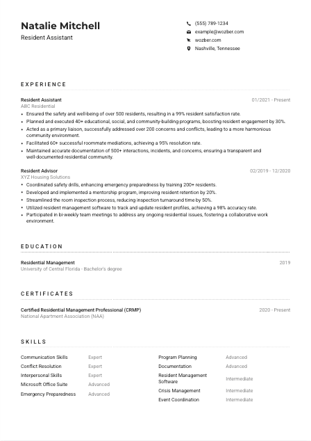 Resident Assistant CV Example