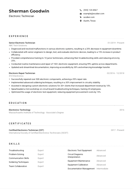 Electronic Technician CV Example