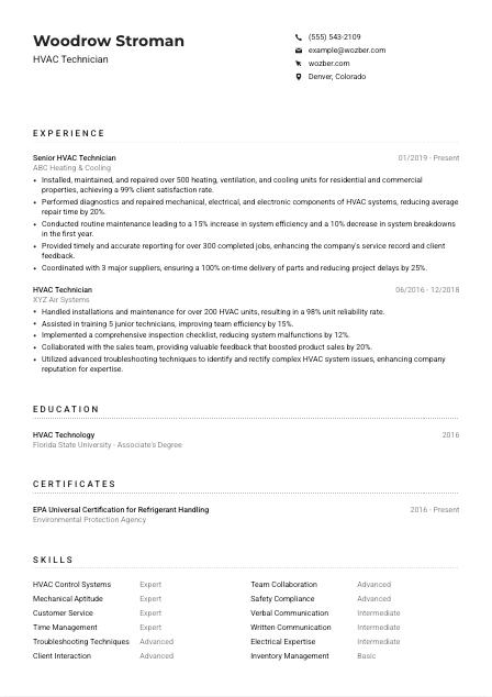 HVAC Technician CV Example