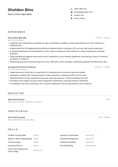 Pest Control Specialist CV Example