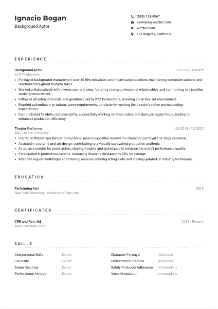 Background Actor Resume Example