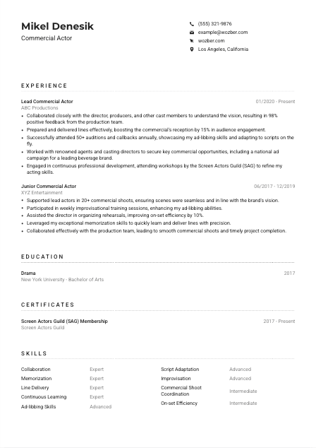 Commercial Actor Resume Example