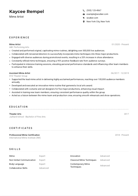 Mime Artist CV Example