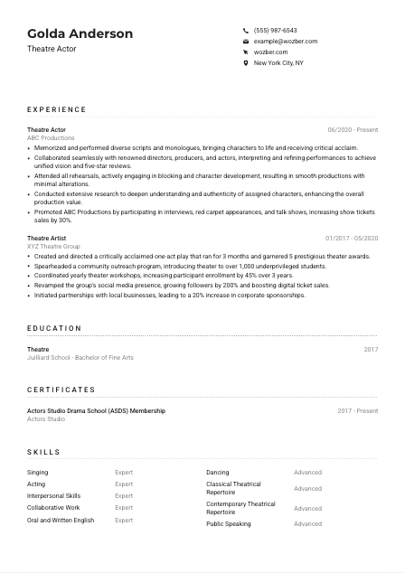 Theatre Actor CV Example