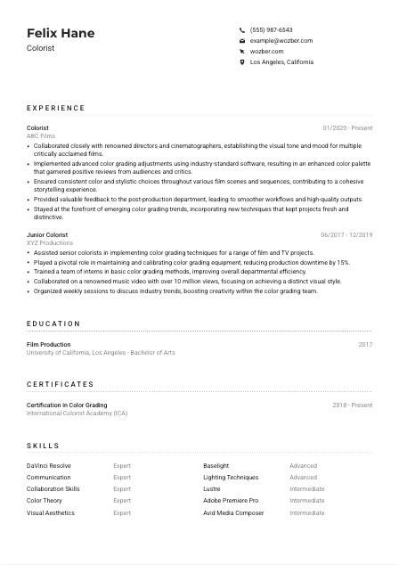 Colorist CV Example