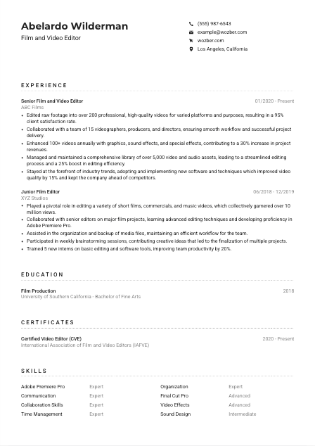 Film and Video Editor CV Example