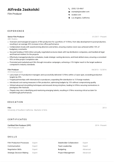 Film Producer CV Example