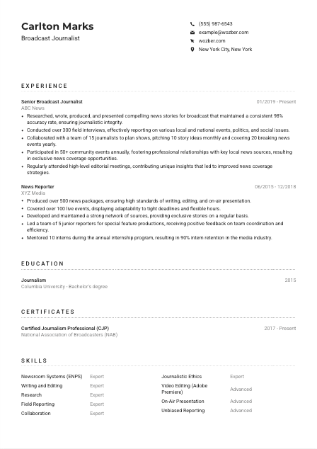 Broadcast Journalist Resume Example