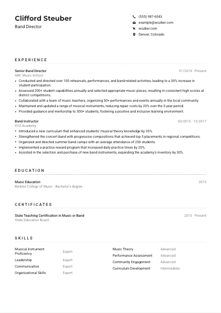 Band Director Resume Example