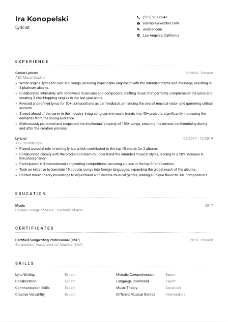 Lyricist Resume Example