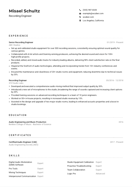 Recording Engineer Resume Example