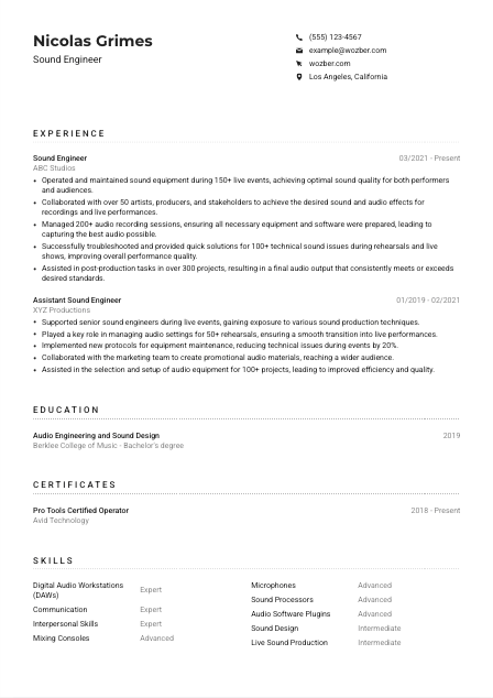 Sound Engineer Resume Example