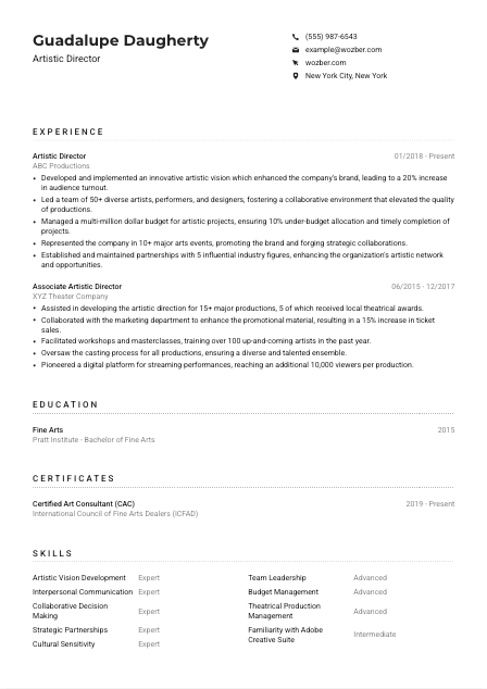 Artistic Director Resume Example