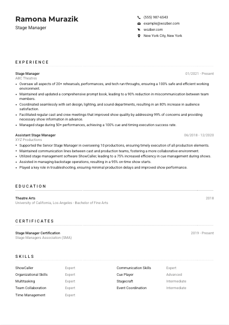 Stage Manager CV Example